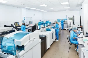A group of scientists working together in a laboratory supporting public health research.